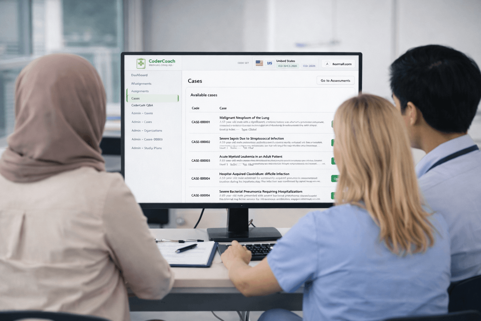 Clinical coding team collaborating around a screen
